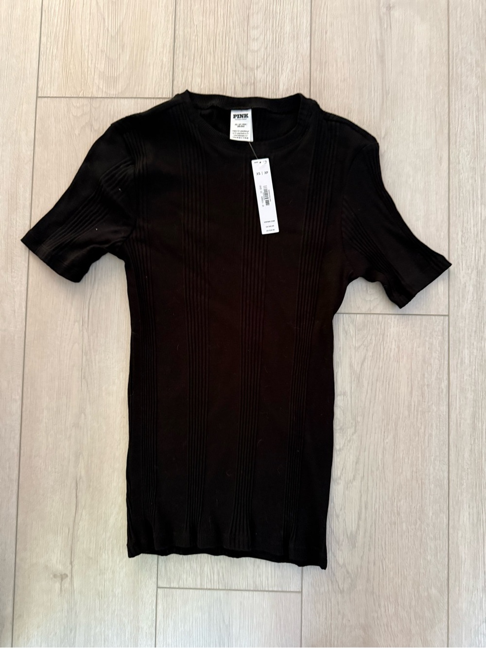PINK Ribbed Short Sleeve Top in Black Size XS NWT